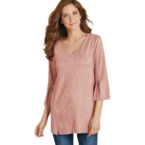 Soft Surroundings Faux Suede Leather Blouse Women’s XL Bell Sleeves Pink Western - Picture 1 of 7